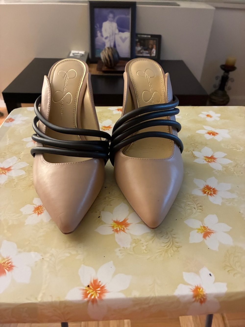 Jessica Simpson Nude Pointed Mules with Black Strappy Detail
